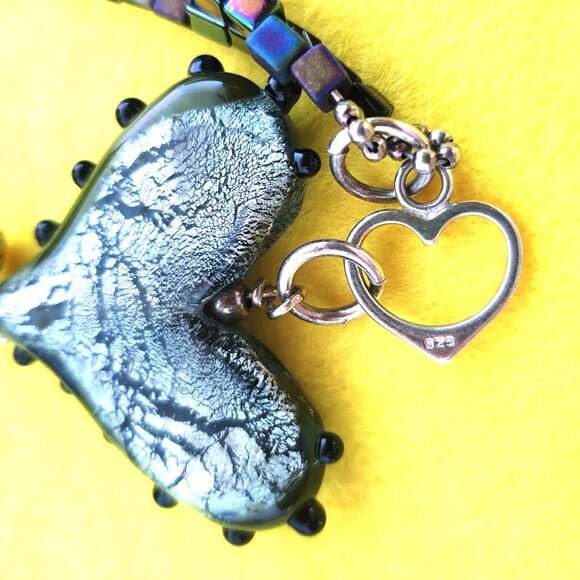 Vintage 925 Silver Handcrafted Art Glass Hematite Boho Heart Statement Necklace - Picture 7 of 14
